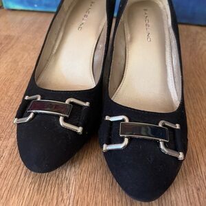 Bandolino Black Suede Wedge Pumps – Silver Horsebit Buckle – Size 6.5